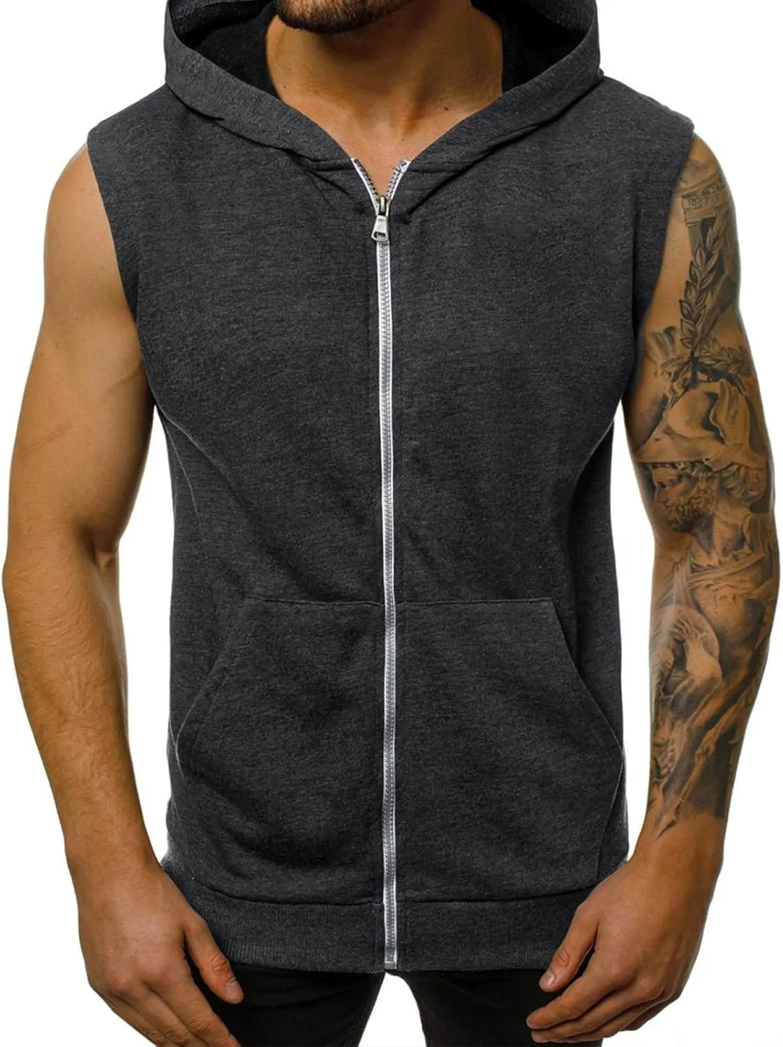Mens Workout Hooded Tank Tops Trendy Zip Up Bodybuilding Fitness Muscle T Shirt Summer Sleeveless Gym Workout Hoodie