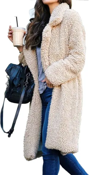 Mmoneyake Women's Winter Coats Fuzzy Fleece Lapel Open Front Long Cardigan Coat Faux Fur Warm Winter Outwear Shacket Jacket