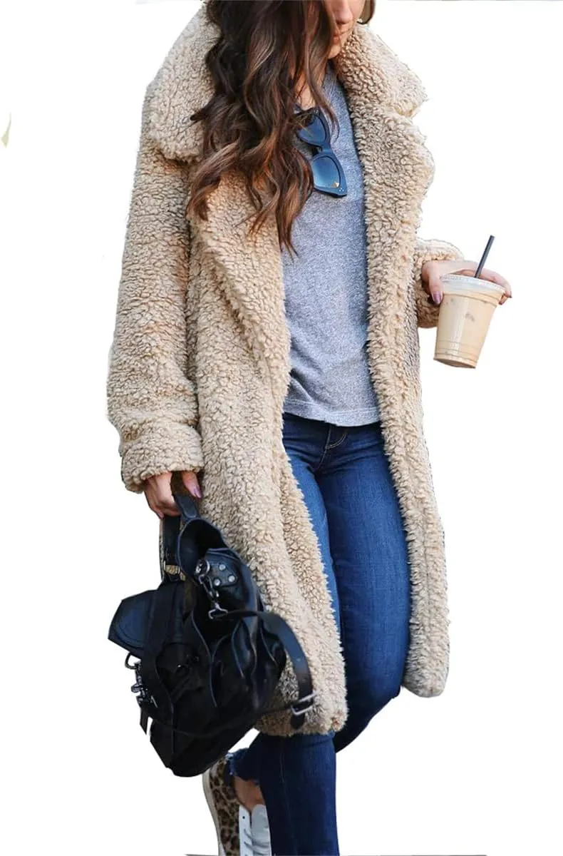 Mmoneyake Women's Winter Coats Fuzzy Fleece Lapel Open Front Long Cardigan Coat Faux Fur Warm Winter Outwear Shacket Jacket