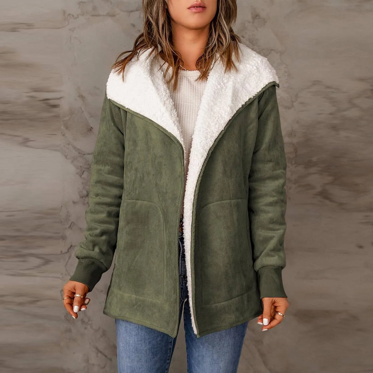 NATHGAM women Sherpa Lined Coat Outwear Winter Thick Warm bomber Jacket fashion lapel Faux Suede Leather Biker Motor Overcoat