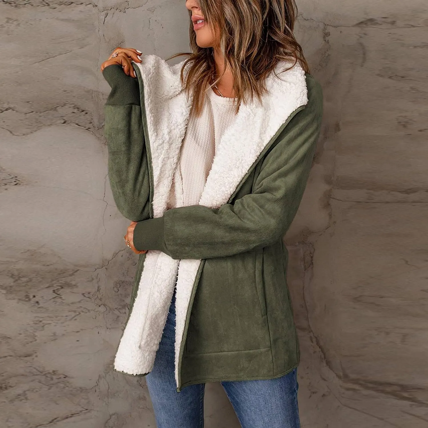 NATHGAM women Sherpa Lined Coat Outwear Winter Thick Warm bomber Jacket fashion lapel Faux Suede Leather Biker Motor Overcoat