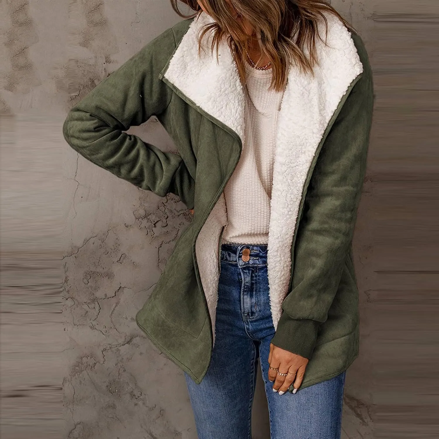 NATHGAM women Sherpa Lined Coat Outwear Winter Thick Warm bomber Jacket fashion lapel Faux Suede Leather Biker Motor Overcoat