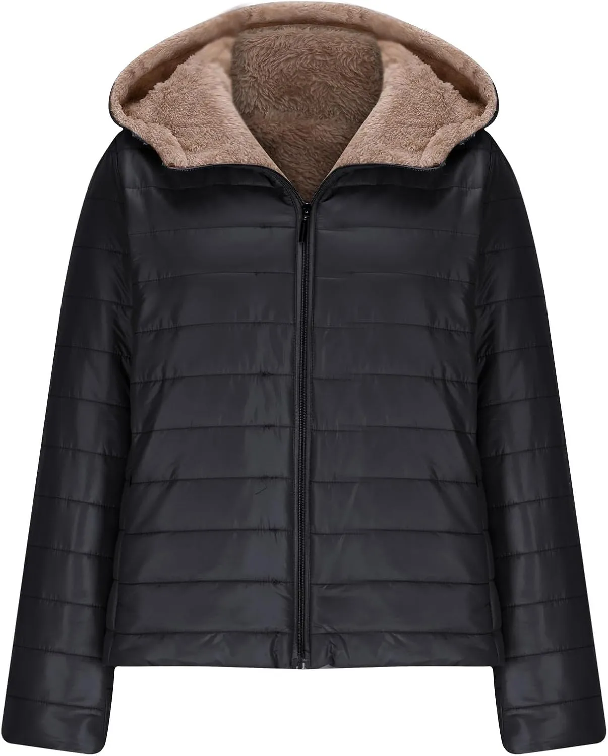 NATHGAM Women's Fleece Lined Puffer Jackets Zip Up Short Hooded Quilted Down Jacket Lightweight Winter Warm Padded Outerwear