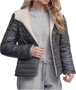 NATHGAM Women's Fleece Lined Puffer Jackets Zip Up Short Hooded Quilted Down Jacket Lightweight Winter Warm Padded Outerwear