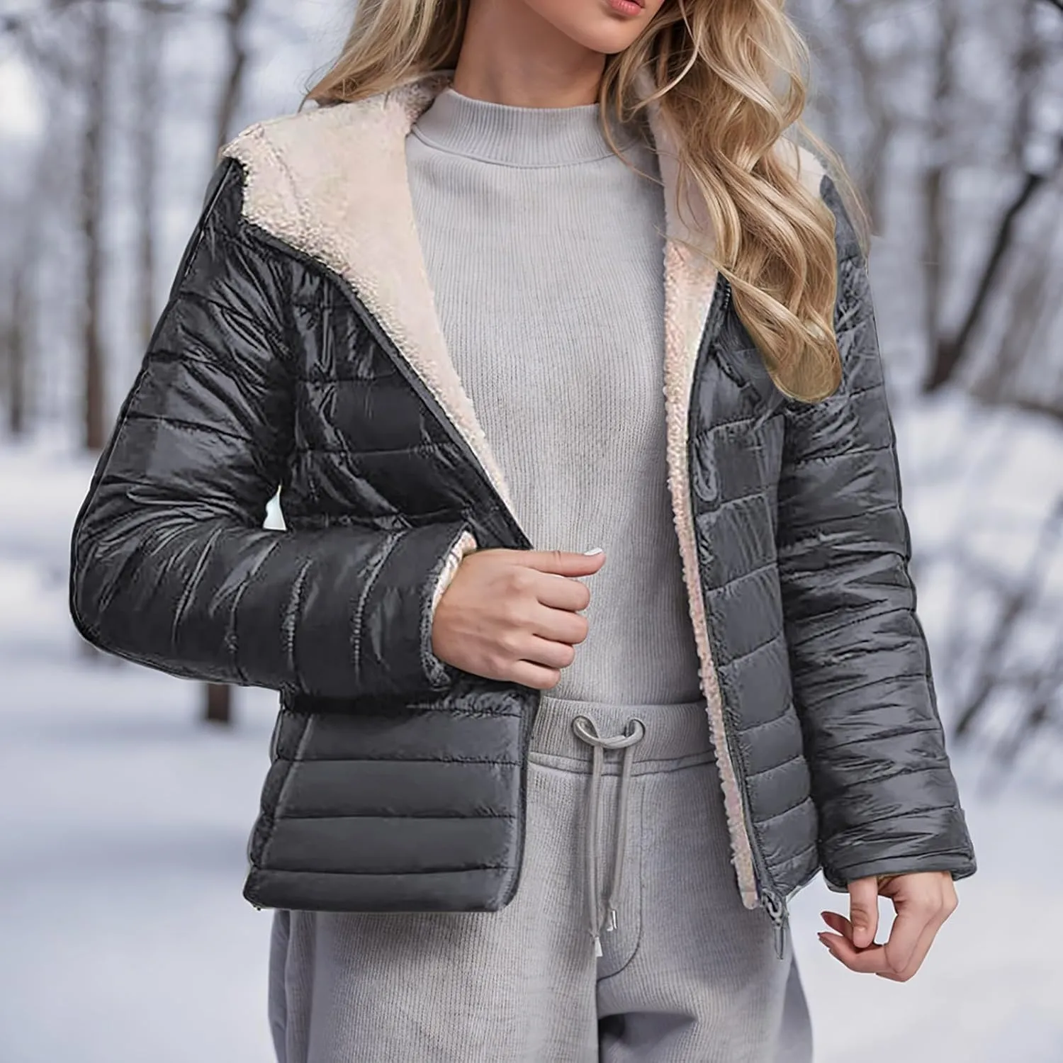 NATHGAM Women's Fleece Lined Puffer Jackets Zip Up Short Hooded Quilted Down Jacket Lightweight Winter Warm Padded Outerwear