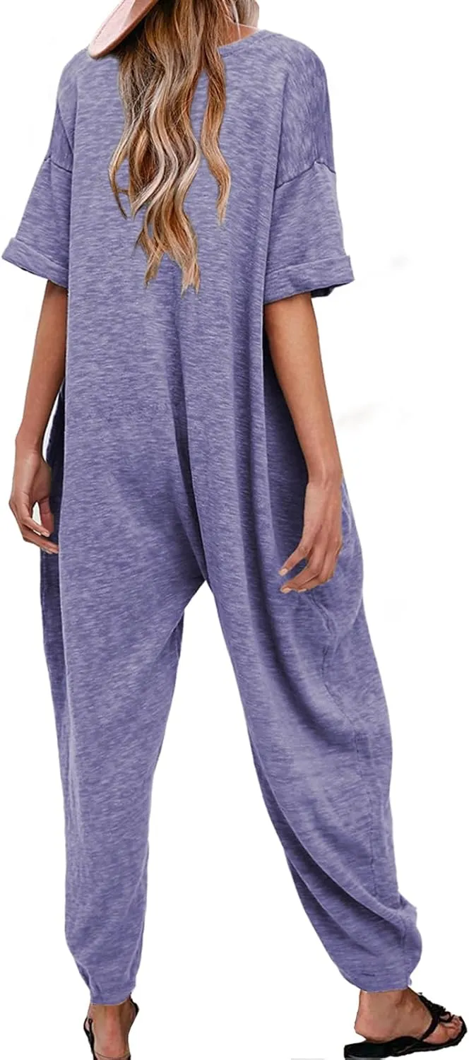 Nirovien Women's Solid Color V Neck Jumpsuits Casual Half Sleeve Long Rompers Beam Foot Baggy Overalls