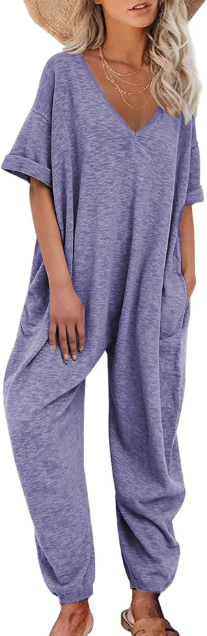Nirovien Women's Solid Color V Neck Jumpsuits Casual Half Sleeve Long Rompers Beam Foot Baggy Overalls