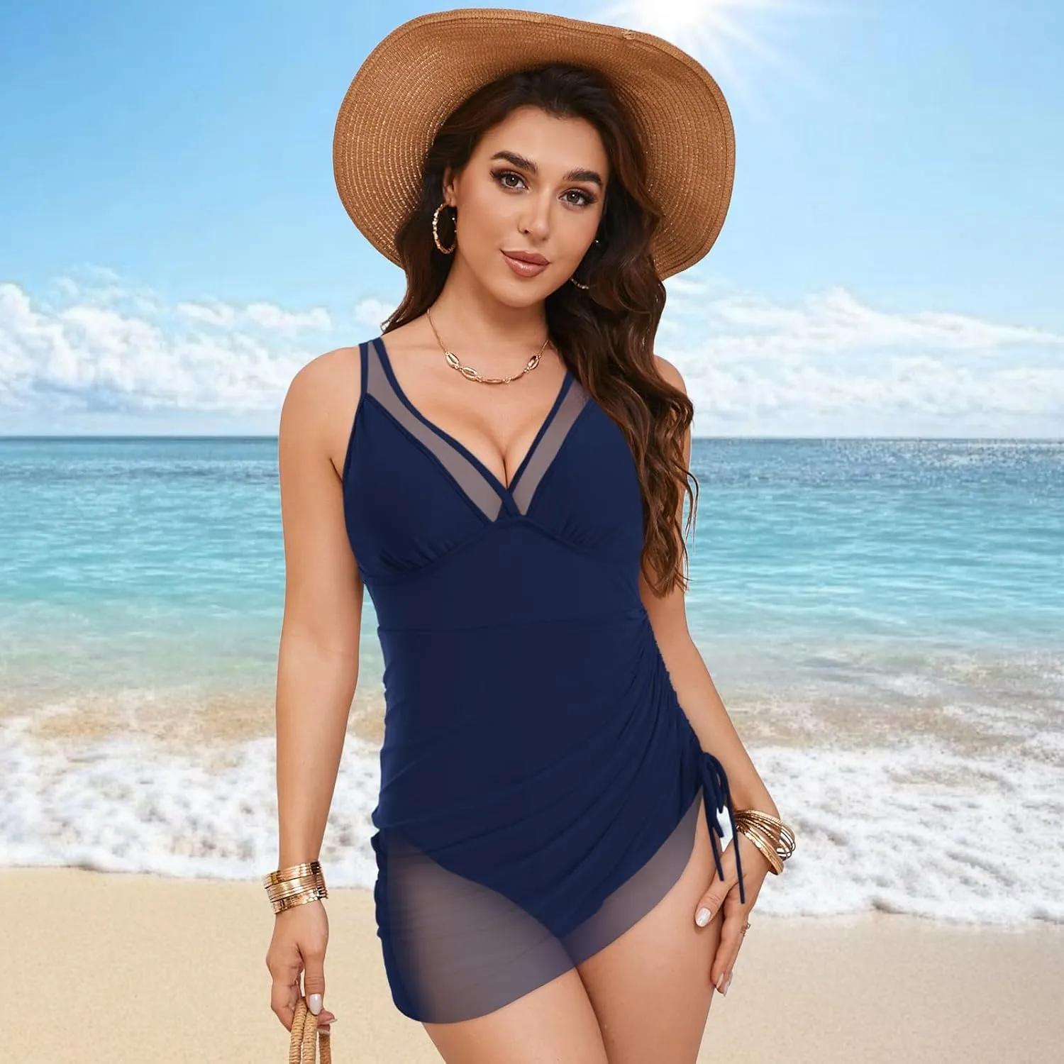 One Piece Swimsuit For Women Square Back Bathing Suit Tummy Control Slimming High Waisted Swimwear Color Block Swimming Suits