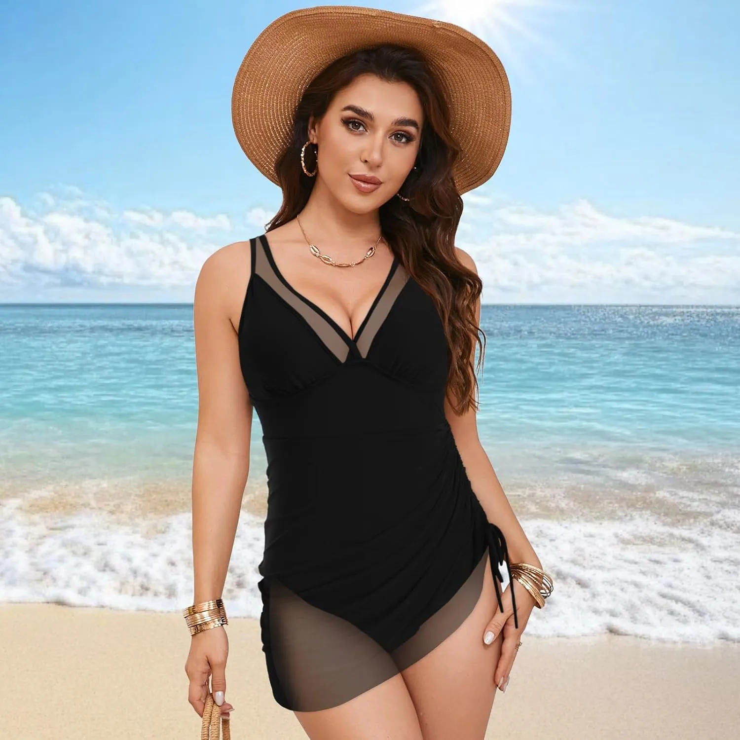 One Piece Swimsuit For Women Square Back Bathing Suit Tummy Control Slimming High Waisted Swimwear Color Block Swimming Suits