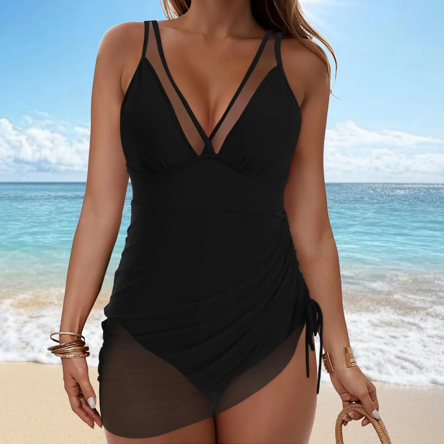 One Piece Swimsuit For Women Square Back Bathing Suit Tummy Control Slimming High Waisted Swimwear Color Block Swimming Suits