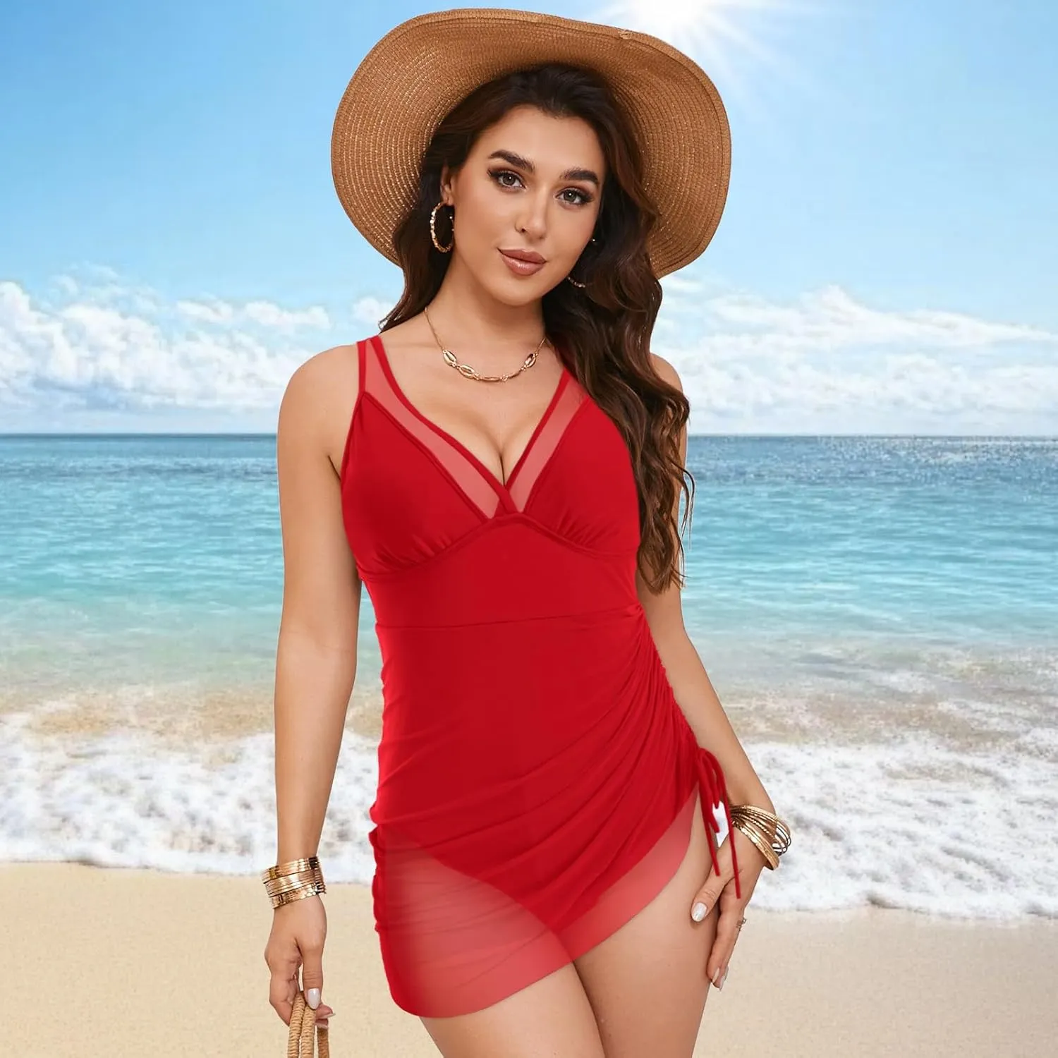 One Piece Swimsuit For Women Square Back Bathing Suit Tummy Control Slimming High Waisted Swimwear Color Block Swimming Suits
