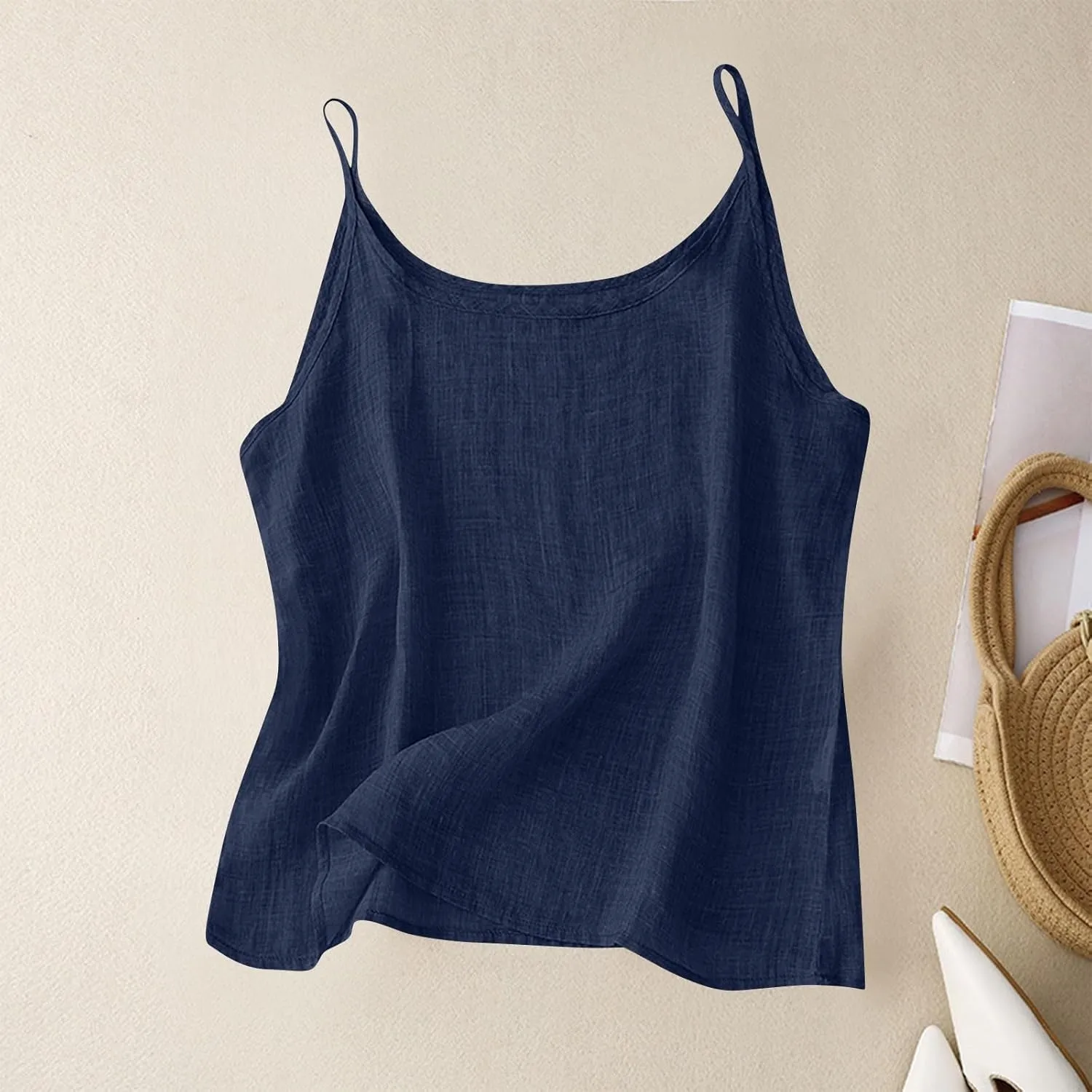 Oplxuo Womens Linen Tank Top Sleeveless Spaghetti Strap Camisole Tops Casual Solid Color Tee Shirts Summer Flowy Tank Top