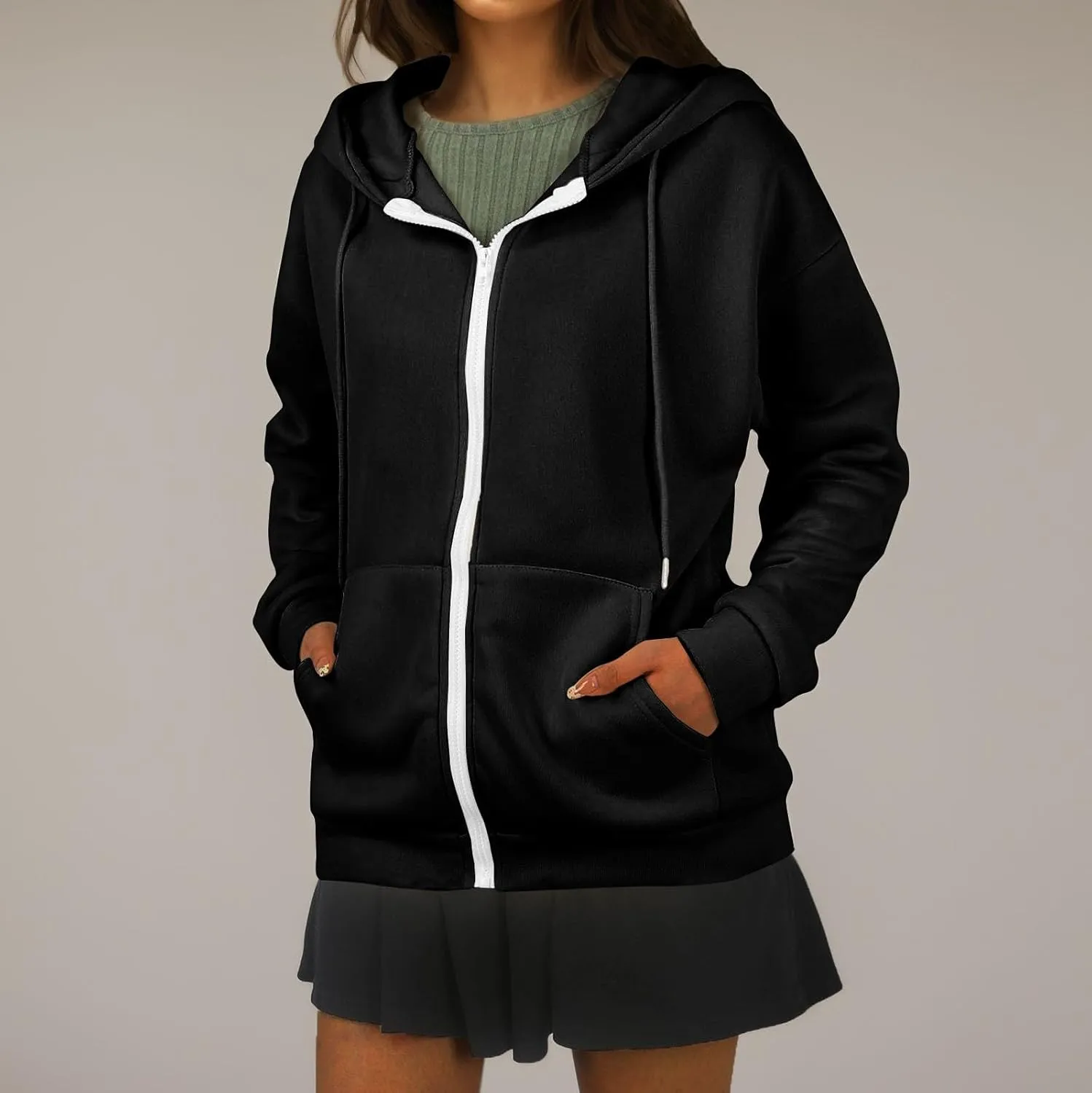 Oversized Hoodies for Women Zip Up Lightweight Long Sleeve Jackets Drawstring Y2K Sweatshirt Kangaroo Pocket