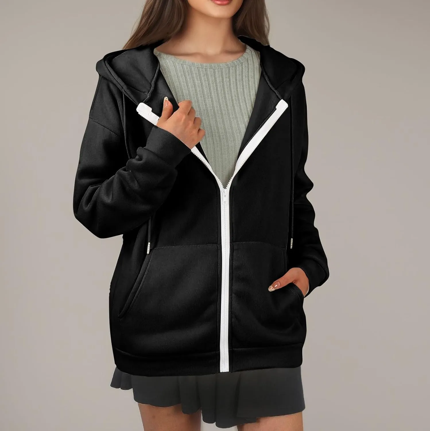 Oversized Hoodies for Women Zip Up Lightweight Long Sleeve Jackets Drawstring Y2K Sweatshirt Kangaroo Pocket