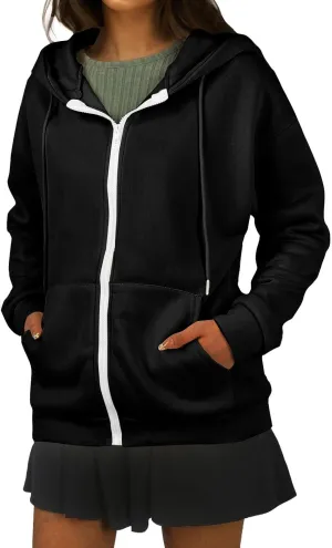 Oversized Hoodies for Women Zip Up Lightweight Long Sleeve Jackets Drawstring Y2K Sweatshirt Kangaroo Pocket