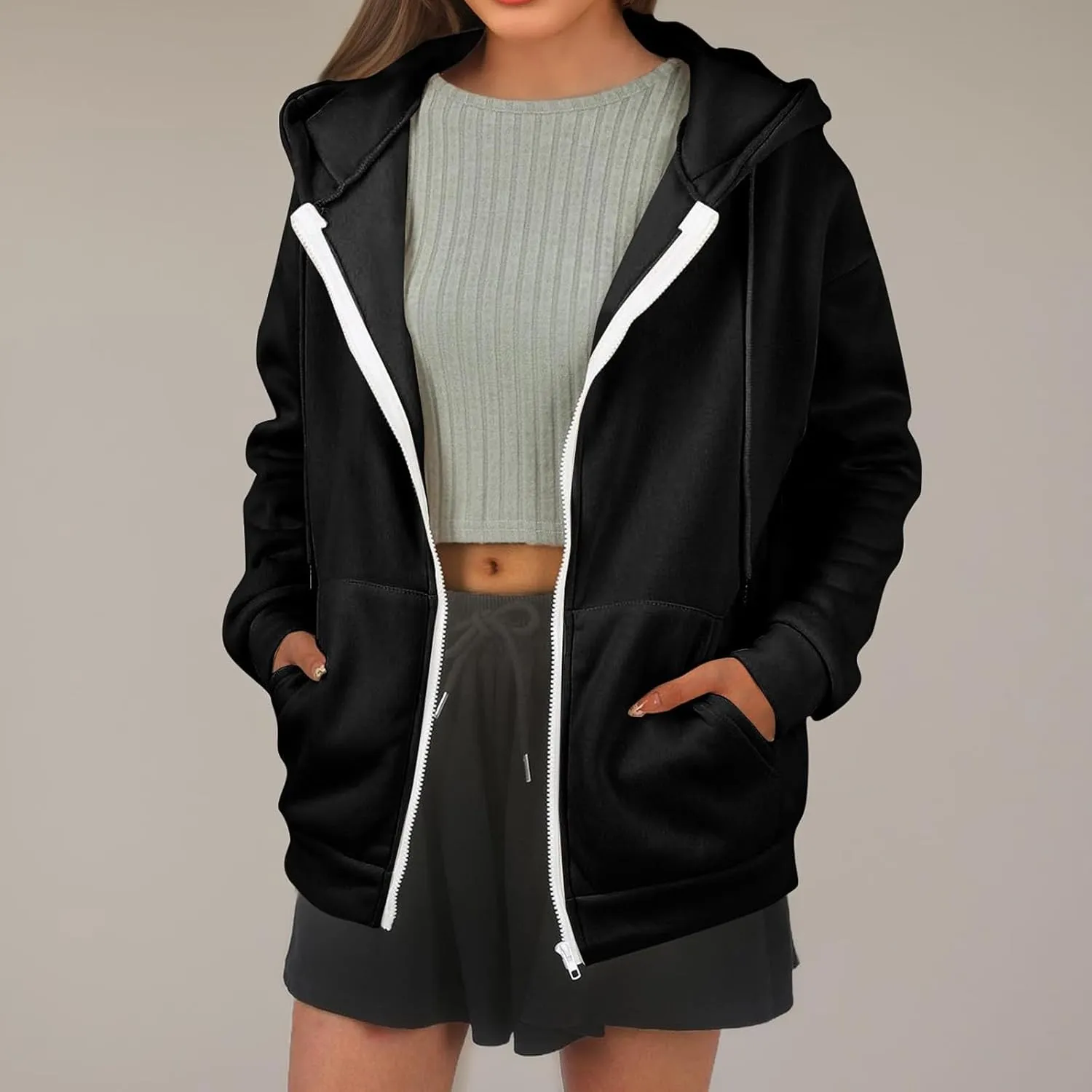 Oversized Hoodies for Women Zip Up Lightweight Long Sleeve Jackets Drawstring Y2K Sweatshirt Kangaroo Pocket