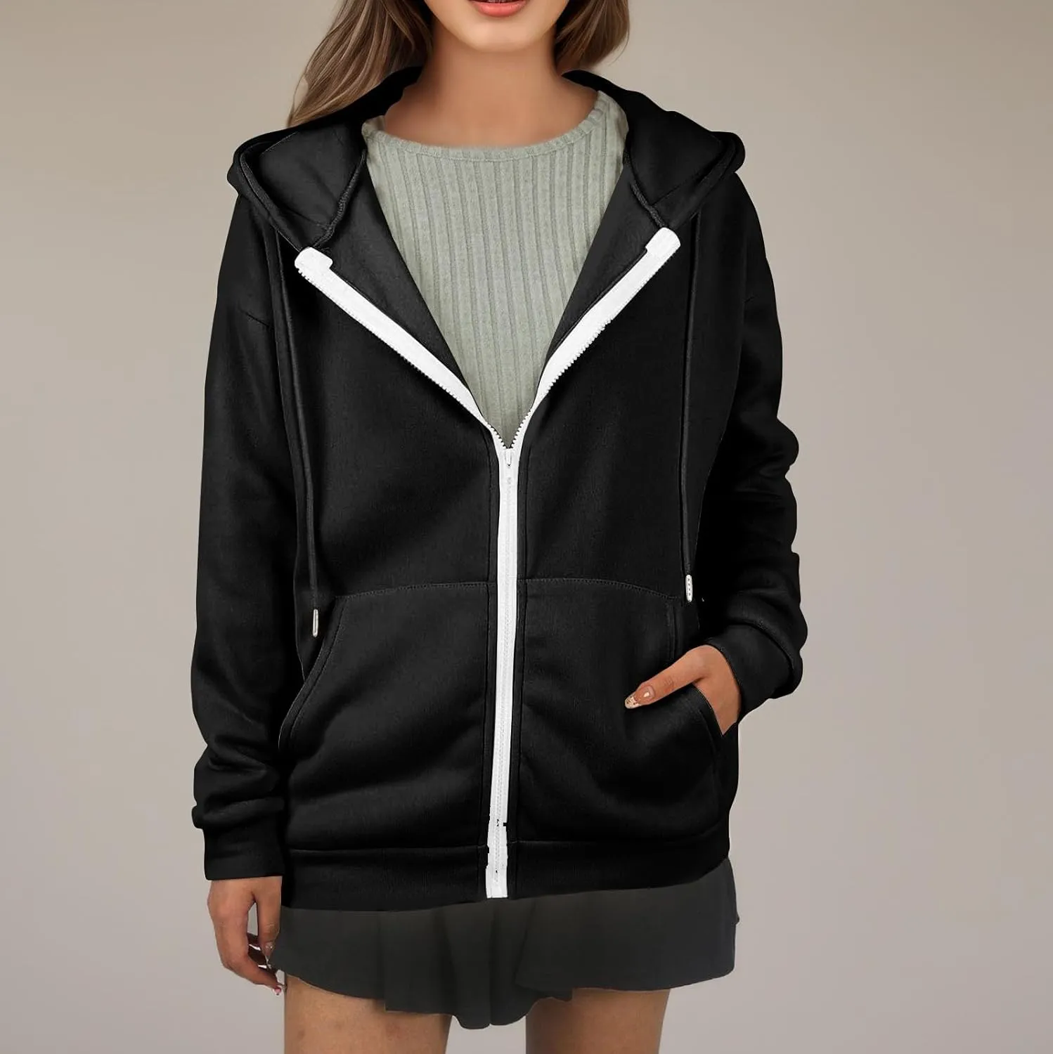 Oversized Hoodies for Women Zip Up Lightweight Long Sleeve Jackets Drawstring Y2K Sweatshirt Kangaroo Pocket