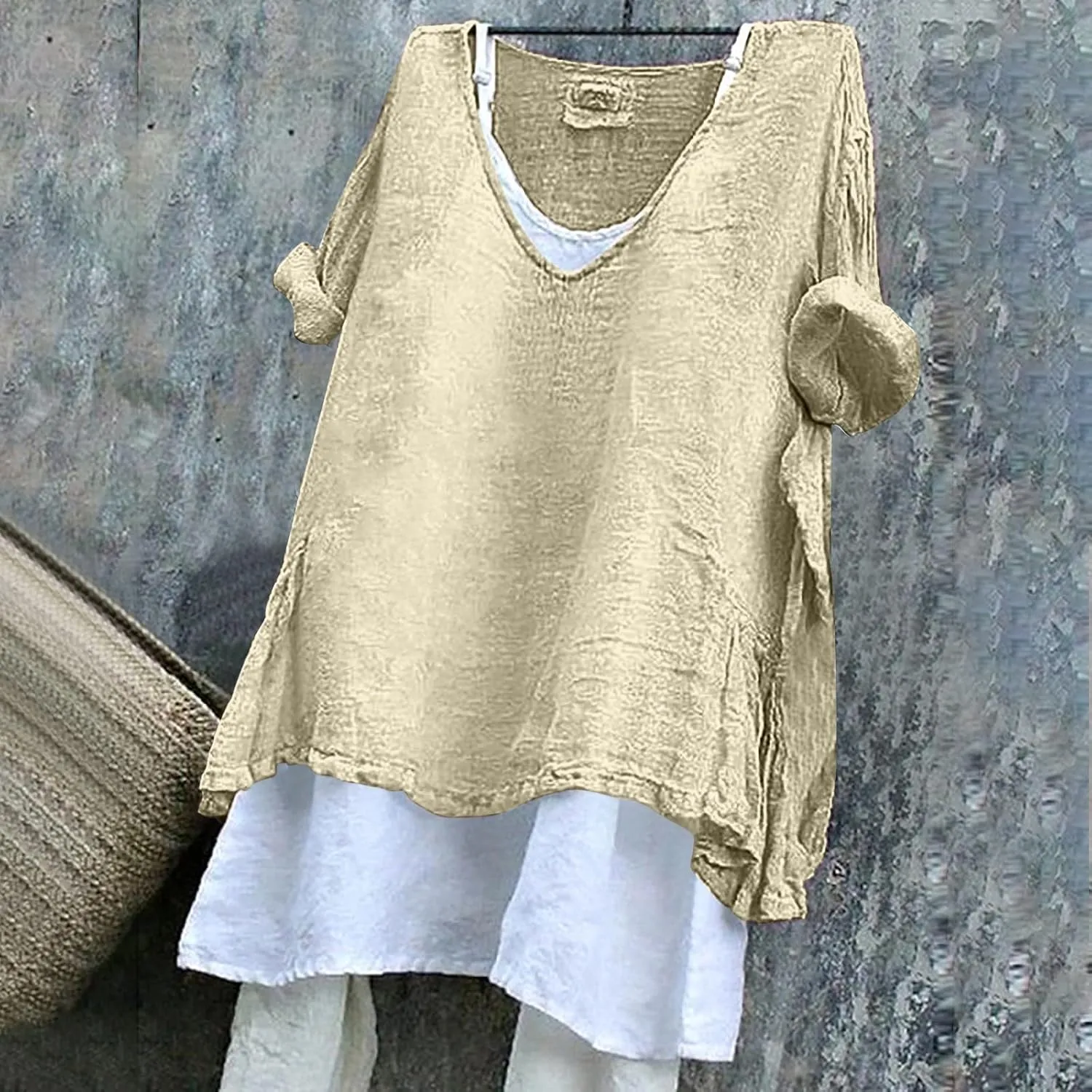 Oversized Linen T Shirts for Women Vaction Clothes with No Lining Casual Summer Short Sleeve V-Neck Peasant Tops