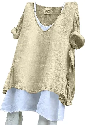 Oversized Linen T Shirts for Women Vaction Clothes with No Lining Casual Summer Short Sleeve V-Neck Peasant Tops