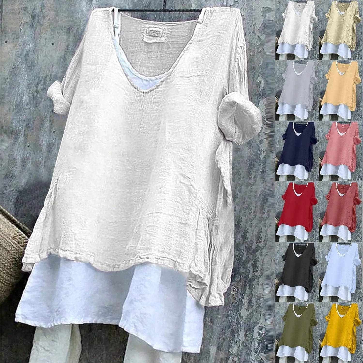 Oversized Linen T Shirts for Women Vaction Clothes with No Lining Casual Summer Short Sleeve V-Neck Peasant Tops