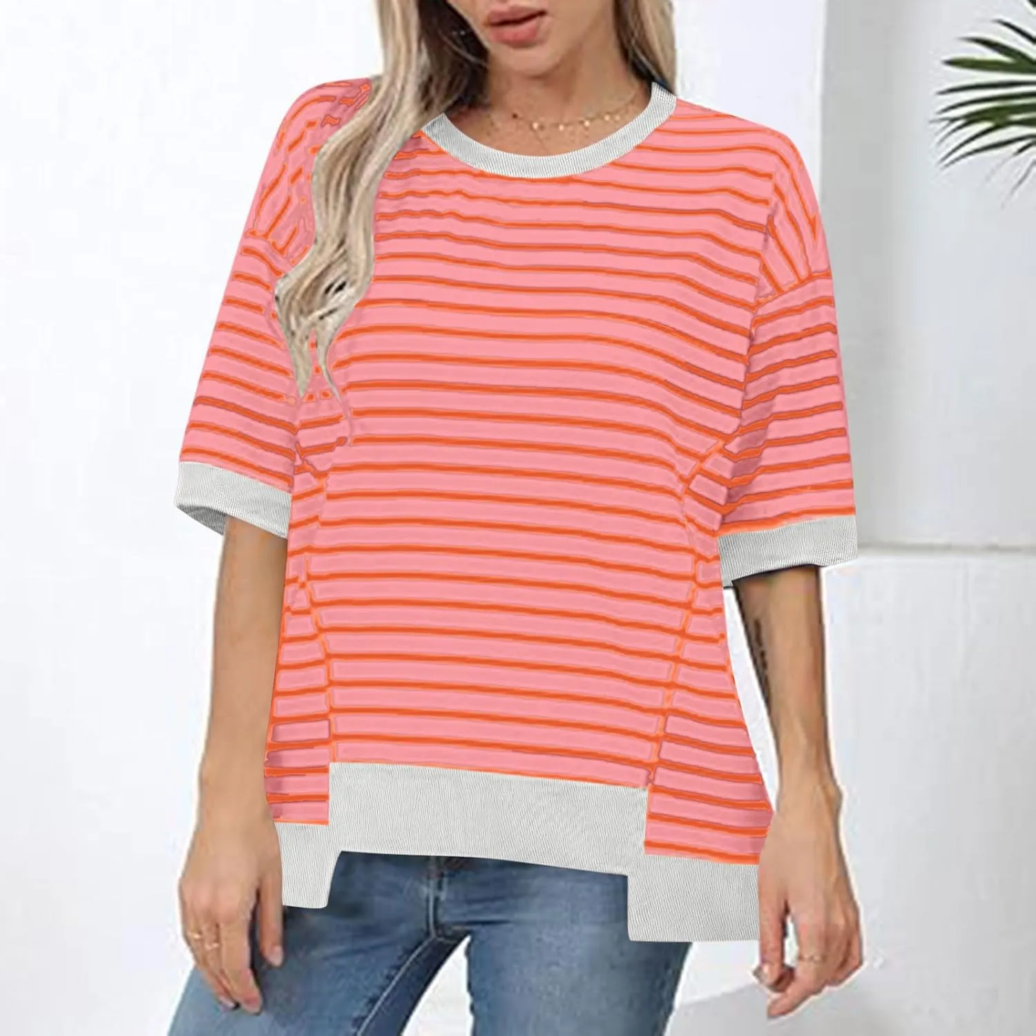 Oversized Tshirts for Women Casual Half Sleeve Summer Tops Workout Striped Shirt Loose Fit Crewneck Sweatshirt
