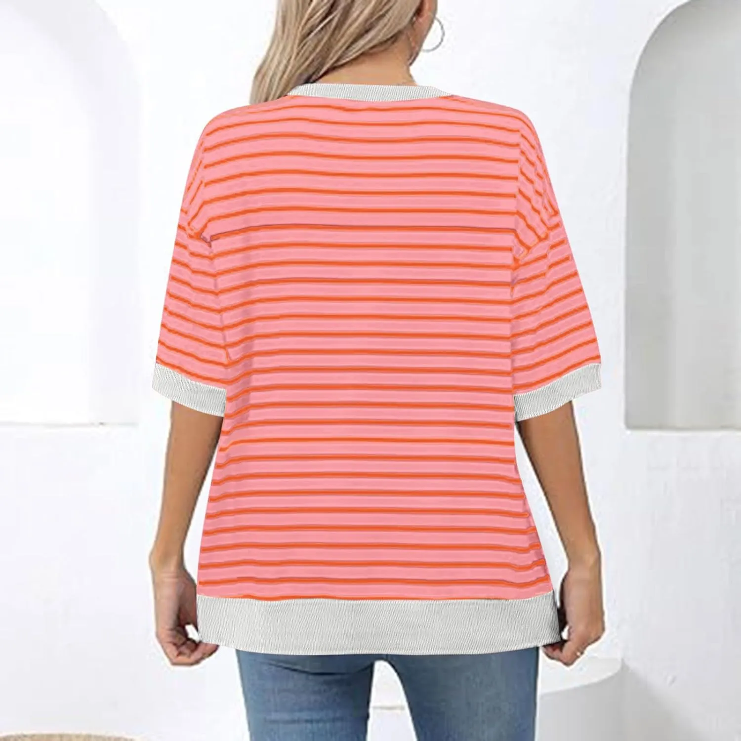 Oversized Tshirts for Women Casual Half Sleeve Summer Tops Workout Striped Shirt Loose Fit Crewneck Sweatshirt