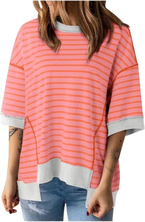 Oversized Tshirts for Women Casual Half Sleeve Summer Tops Workout Striped Shirt Loose Fit Crewneck Sweatshirt