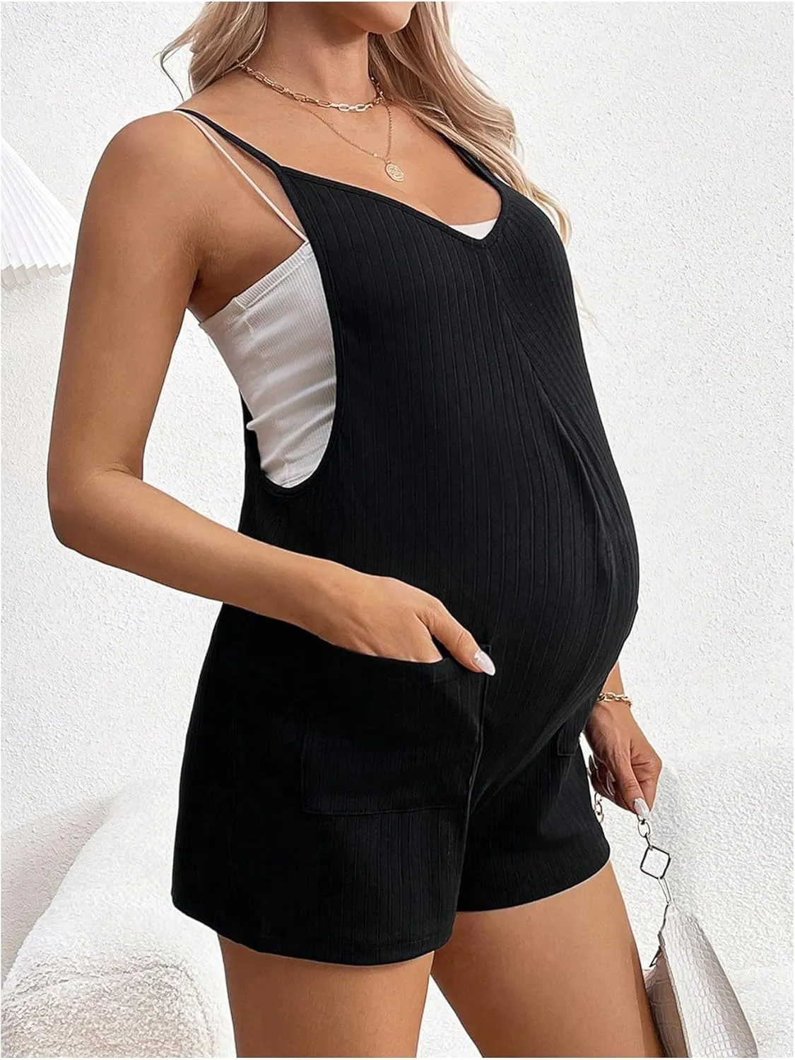 OYOANGLE Women's Maternity Ribbed Knit Romper Spaghetti Strap V Neck Short Jumpsuits with Pockets