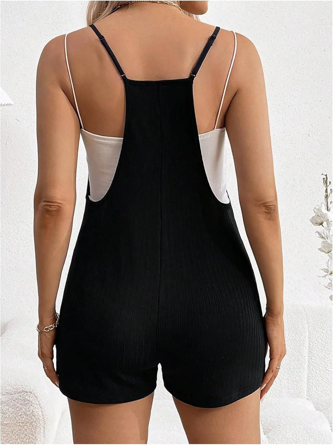 OYOANGLE Women's Maternity Ribbed Knit Romper Spaghetti Strap V Neck Short Jumpsuits with Pockets