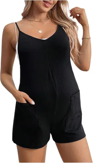 OYOANGLE Women's Maternity Ribbed Knit Romper Spaghetti Strap V Neck Short Jumpsuits with Pockets