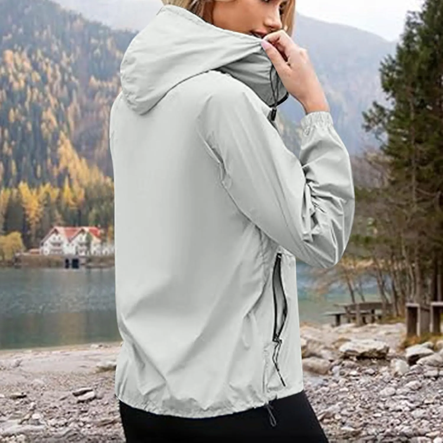 Packable Rain Jacket Women Lightweight Waterproof Raincoat with Hood Cycling Bike Jacket Windbreaker Versatile Coat