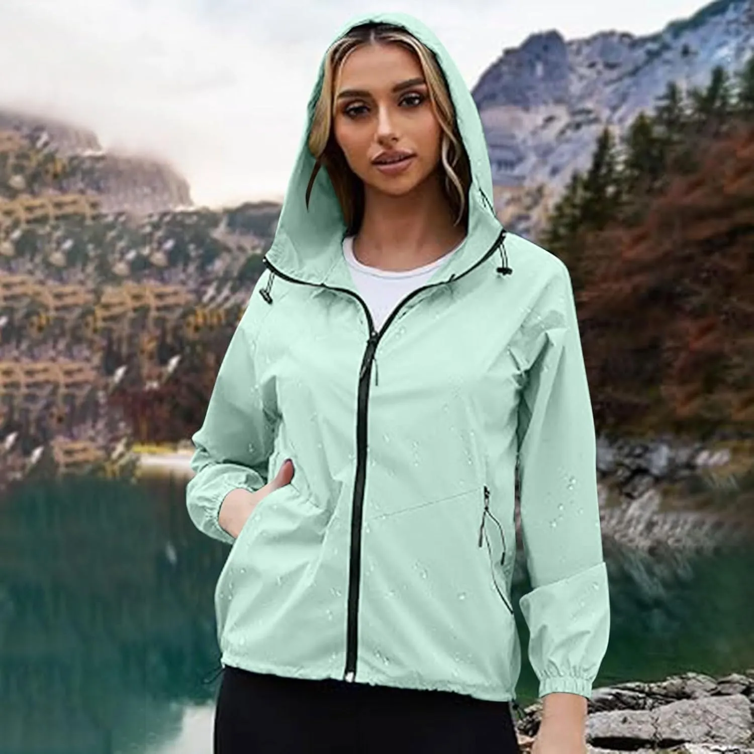 Packable Rain Jacket Women Lightweight Waterproof Raincoat with Hood Cycling Bike Jacket Windbreaker Versatile Coat