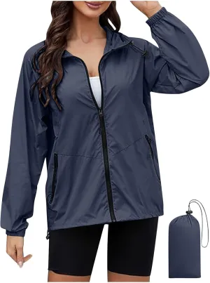 Packable Rain Jacket Women Lightweight Waterproof Raincoat with Hood Cycling Bike Jacket Windbreaker Versatile Coat