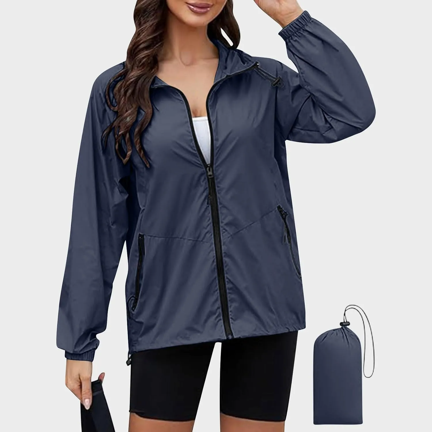 Packable Rain Jacket Women Lightweight Waterproof Raincoat with Hood Cycling Bike Jacket Windbreaker Versatile Coat