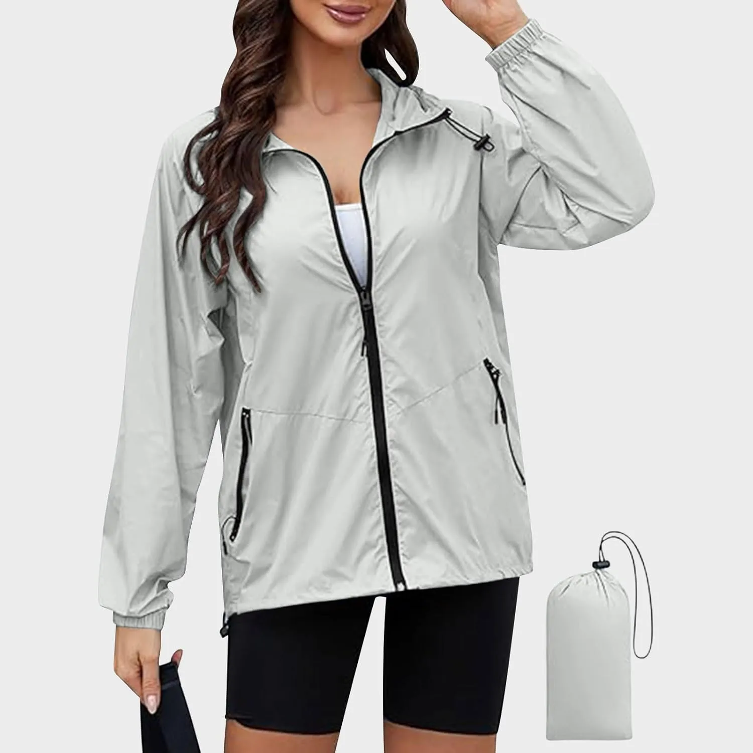 Packable Rain Jacket Women Lightweight Waterproof Raincoat with Hood Cycling Bike Jacket Windbreaker Versatile Coat