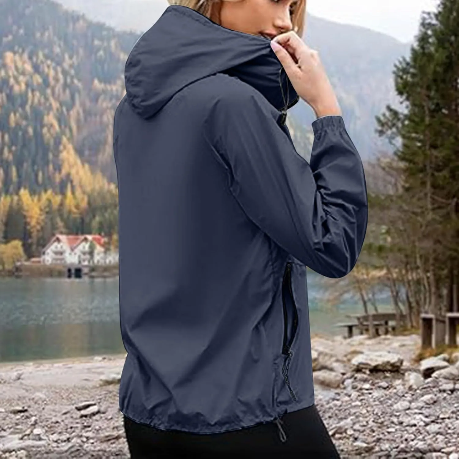 Packable Rain Jacket Women Lightweight Waterproof Raincoat with Hood Cycling Bike Jacket Windbreaker Versatile Coat