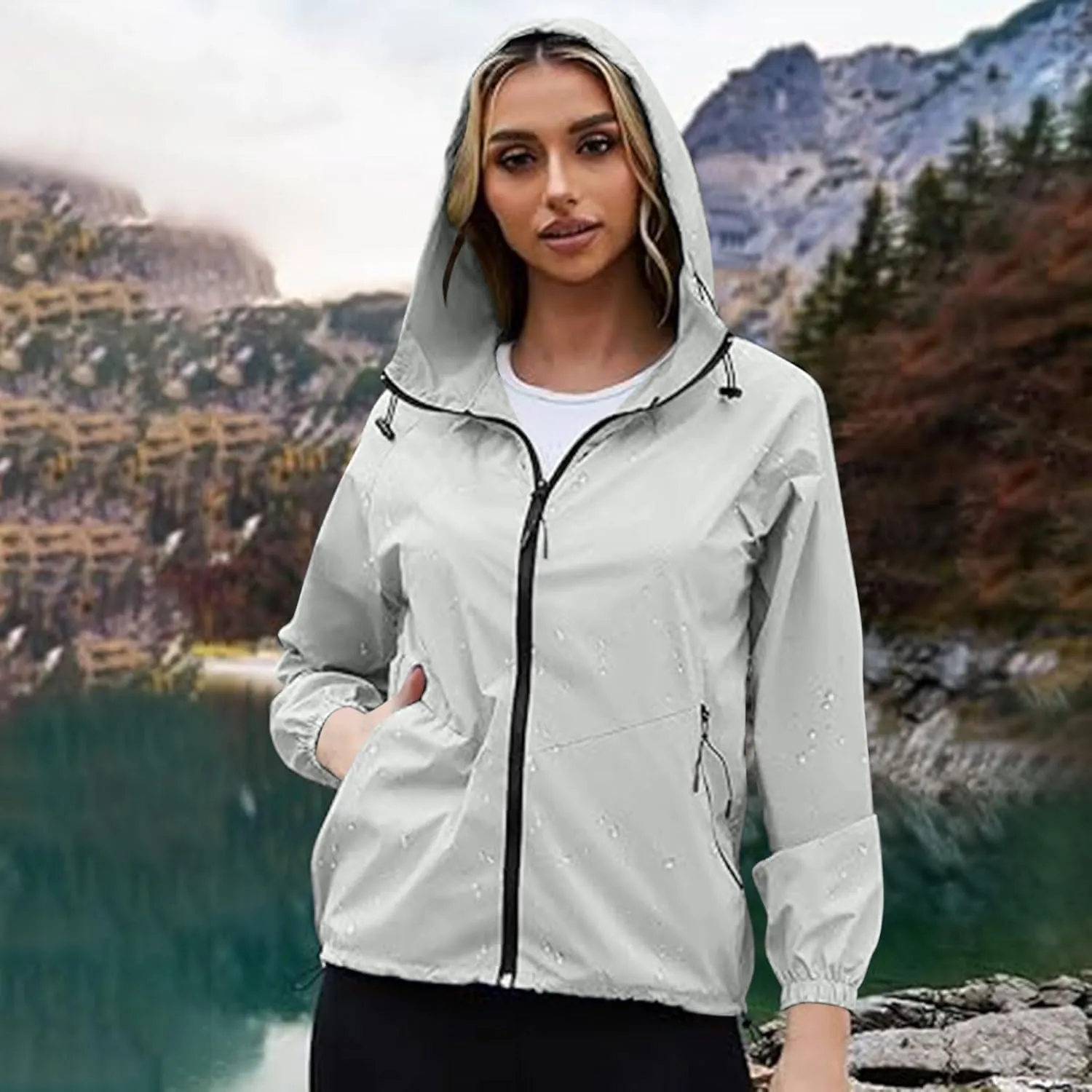 Packable Rain Jacket Women Lightweight Waterproof Raincoat with Hood Cycling Bike Jacket Windbreaker Versatile Coat