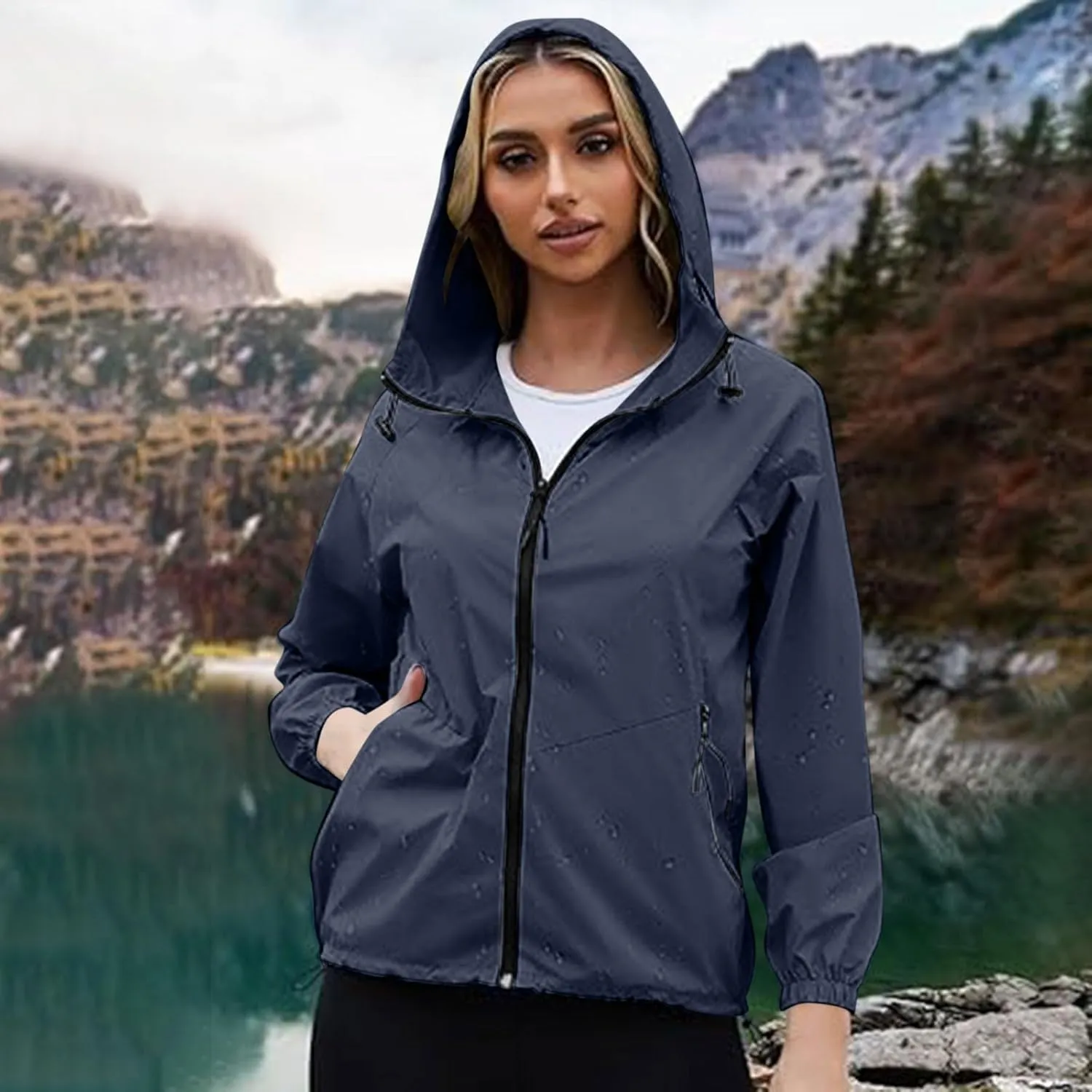 Packable Rain Jacket Women Lightweight Waterproof Raincoat with Hood Cycling Bike Jacket Windbreaker Versatile Coat