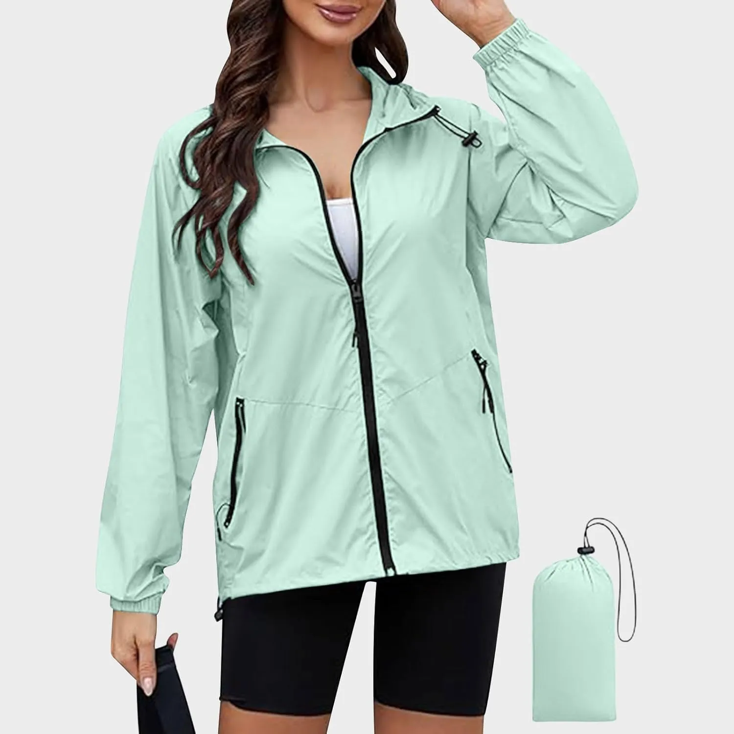 Packable Rain Jacket Women Lightweight Waterproof Raincoat with Hood Cycling Bike Jacket Windbreaker Versatile Coat