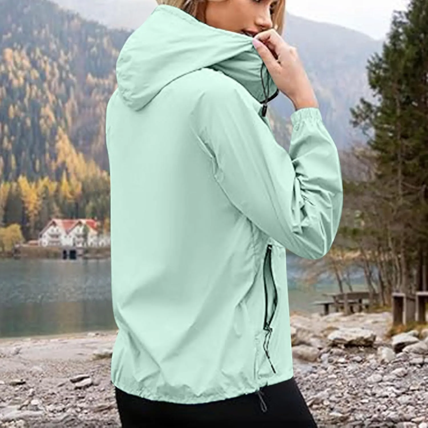 Packable Rain Jacket Women Lightweight Waterproof Raincoat with Hood Cycling Bike Jacket Windbreaker Versatile Coat