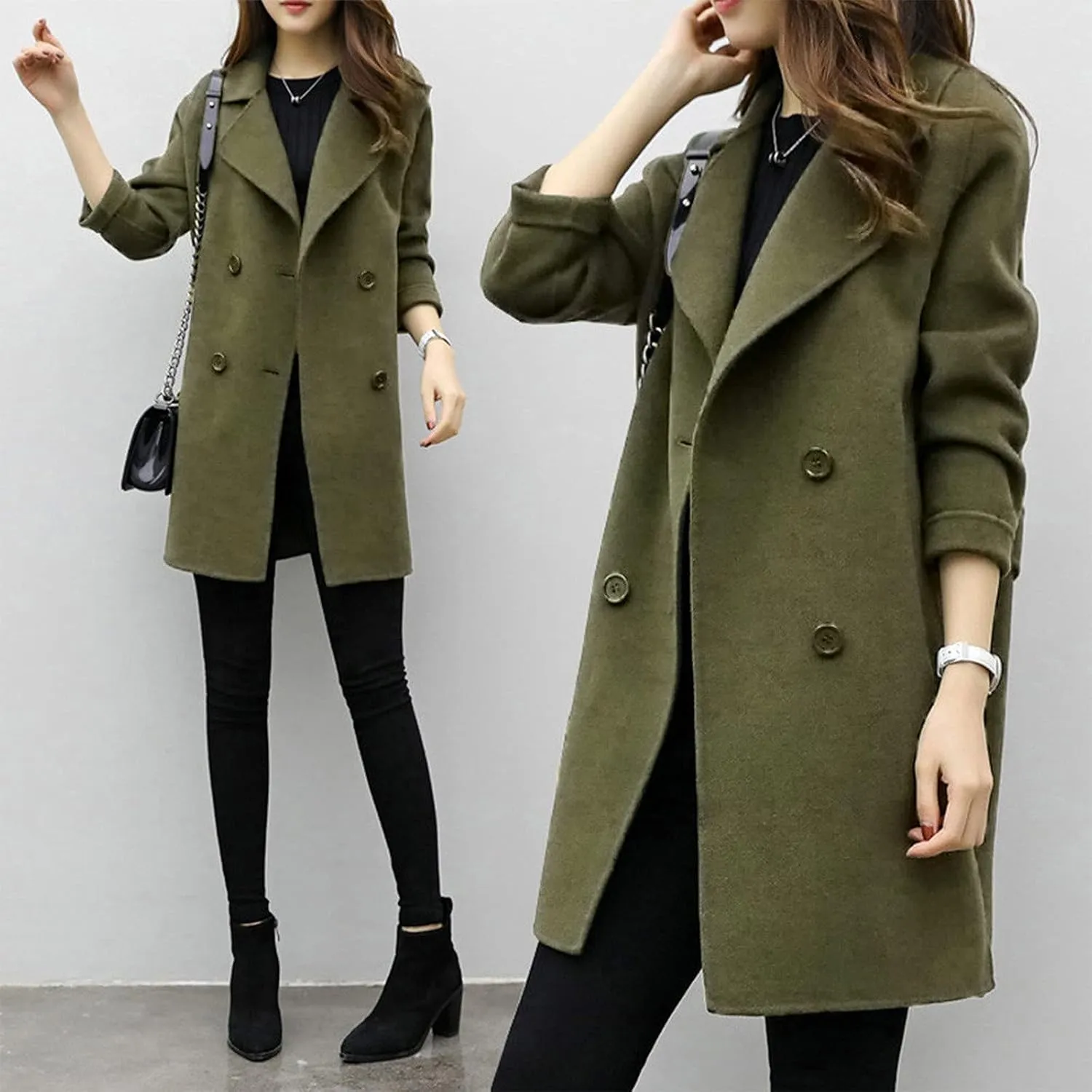 Pea Coat for Women Double Breasted Notched Lapel Coats Blend Wool Winter Warm Overcoat Woolen Long Jackets Outwear