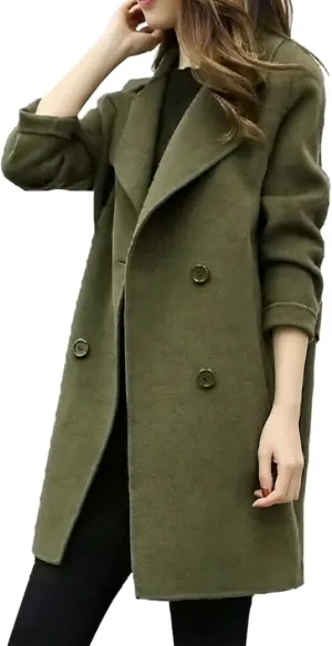 Pea Coat for Women Double Breasted Notched Lapel Coats Blend Wool Winter Warm Overcoat Woolen Long Jackets Outwear