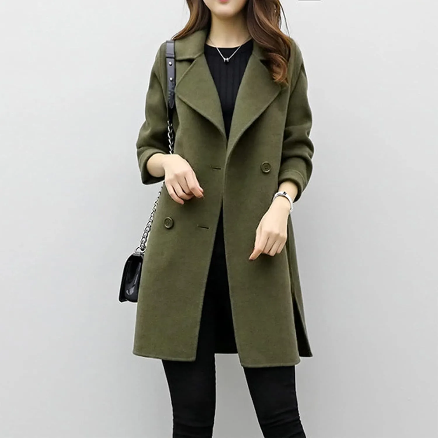 Pea Coat for Women Double Breasted Notched Lapel Coats Blend Wool Winter Warm Overcoat Woolen Long Jackets Outwear
