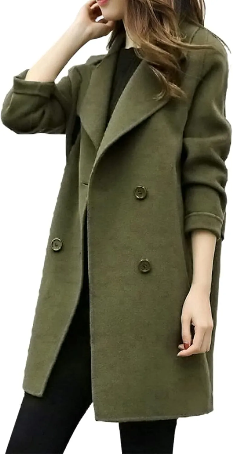 Pea Coat for Women Double Breasted Notched Lapel Coats Blend Wool Winter Warm Overcoat Woolen Long Jackets Outwear