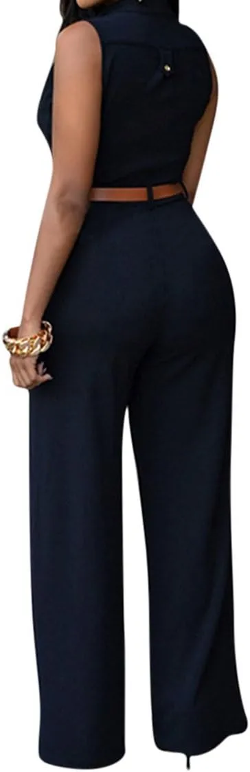 Pink Queen Women Jumpsuits V Neck Button Down Sleeveless Wide Leg Long Pants Romper