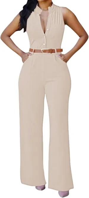 Pink Queen Women Jumpsuits V Neck Button Down Sleeveless Wide Leg Long Pants Romper