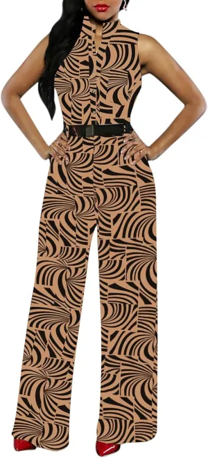 Pink Queen Women Jumpsuits V Neck Button Down Sleeveless Wide Leg Long Pants Romper