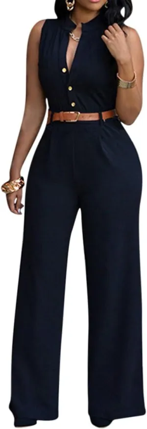 Pink Queen Women Jumpsuits V Neck Button Down Sleeveless Wide Leg Long Pants Romper