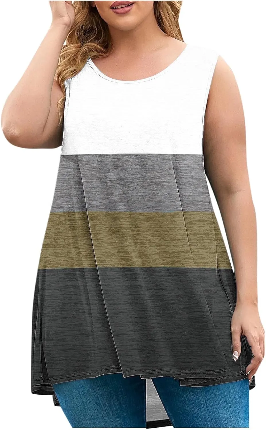 Plus Size Tank Tops for Women Dressy Loose Fit Colorblock Sleeveless Long Shirt Casual Fashion Summer Tunic Tanks