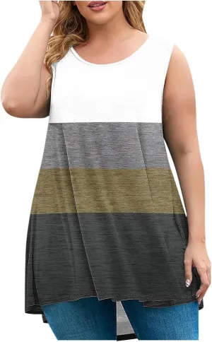 Plus Size Tank Tops for Women Dressy Loose Fit Colorblock Sleeveless Long Shirt Casual Fashion Summer Tunic Tanks